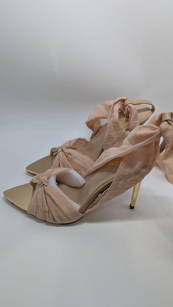 Liliana Beige Tie-Up Metallic Toe Heeled Sandals