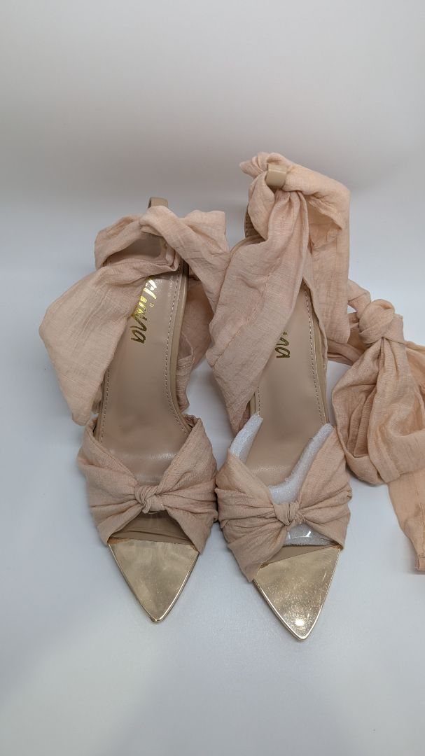 Liliana Beige Tie-Up Metallic Toe Heeled Sandals