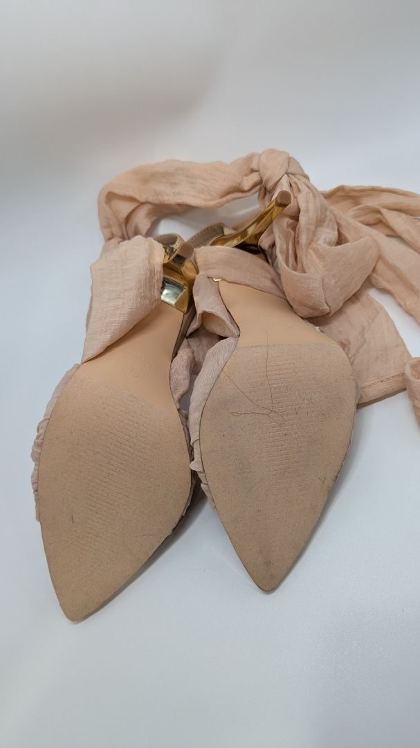 Liliana Beige Tie-Up Metallic Toe Heeled Sandals