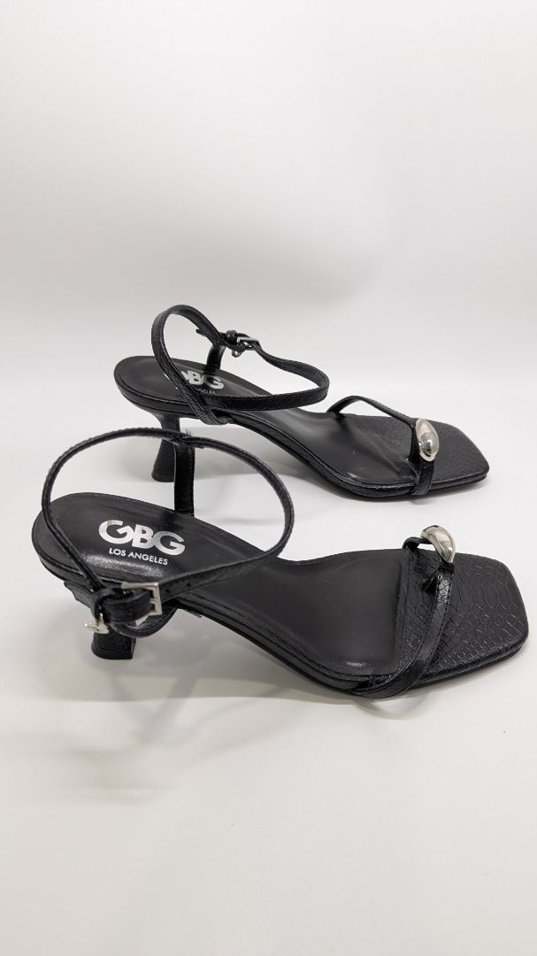 GBG Los Angeles Black Leah Snake Print Heeled Sandals