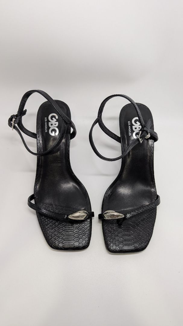 GBG Los Angeles Black Leah Snake Print Heeled Sandals