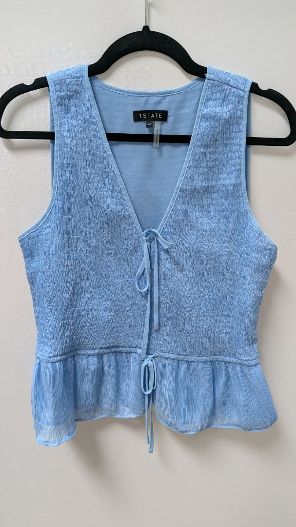 1.STATE Light Blue Smocked Front-Tie Peplum Blouse