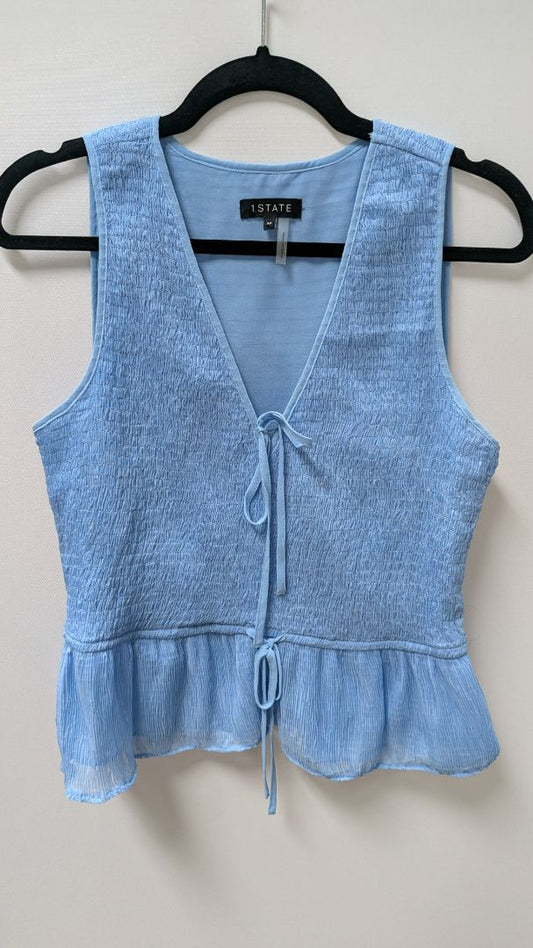 1.STATE Light Blue Smocked Front-Tie Peplum Blouse