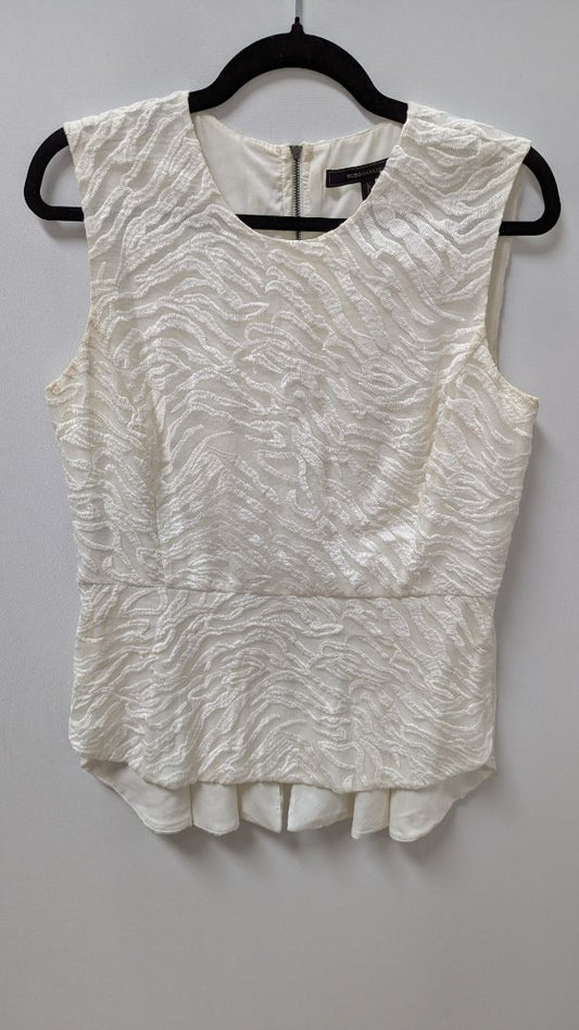 BCBGMAXAZRIA Off-White Embroidered Blossom Peplum Blouse