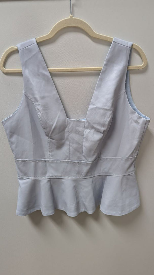 BCBGMAXAZRIA Light Blue Sleeveless Faux-Leather Peplum Blouse