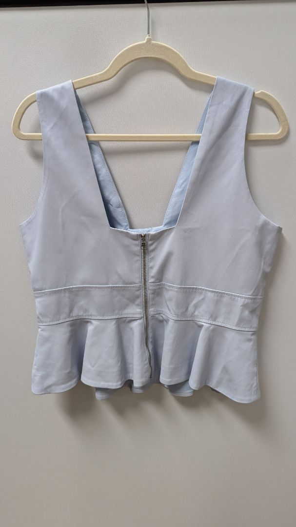 BCBGMAXAZRIA Light Blue Sleeveless Faux-Leather Peplum Blouse