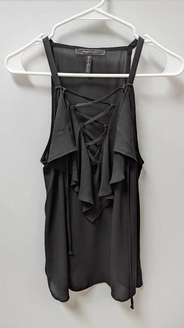 BCBGMAXAZRIA Black Ruffled Lace-Up Sleeveless Blouse