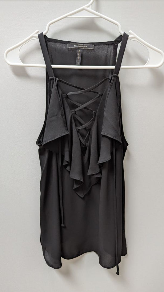 BCBGMAXAZRIA Black Ruffled Lace-Up Sleeveless Blouse