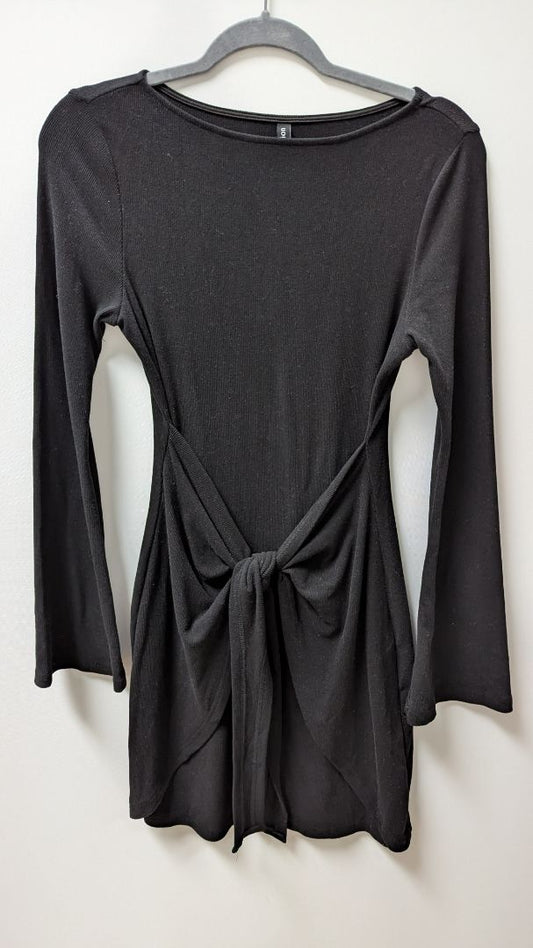Fashion Black Tie-Front Waist Mini Sweater Dress