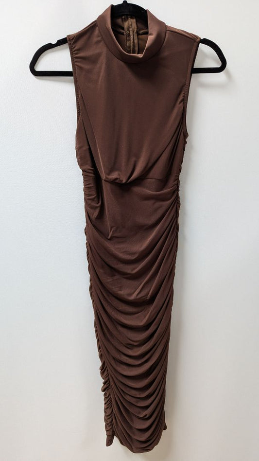 Brown Sleeveless Turtleneck Mesh Bodycon Dress