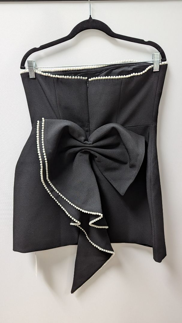 AZHONG Black Faux Pearl Strapless A-Line Mini Dress with Bow