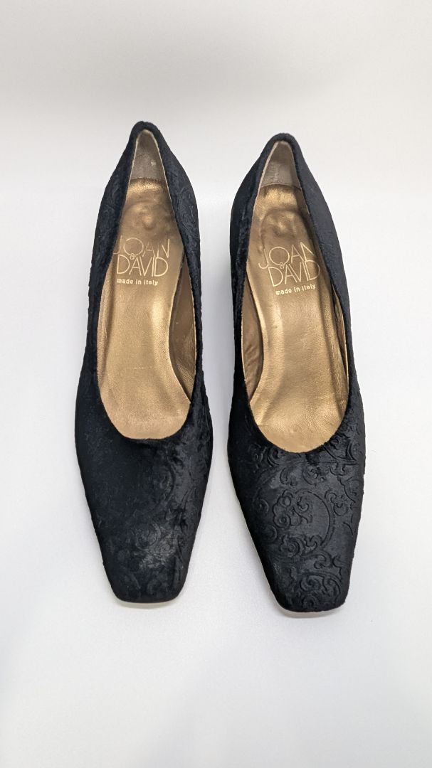 Joan & David Black Velvet Square-Toe Low-Block Heel Pumps