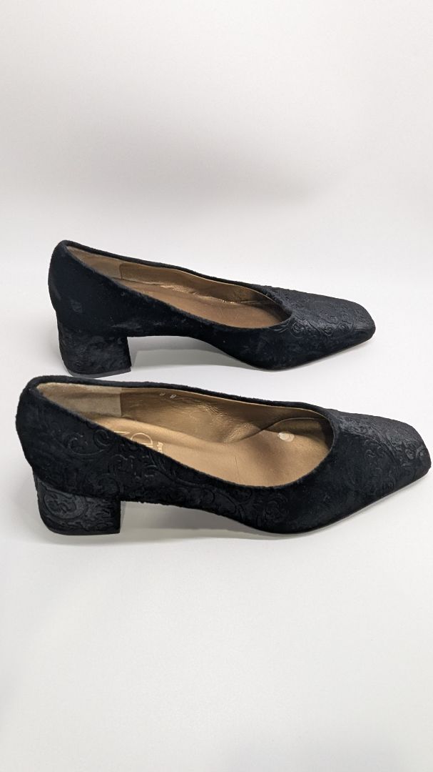 Joan & David Black Velvet Square-Toe Low-Block Heel Pumps