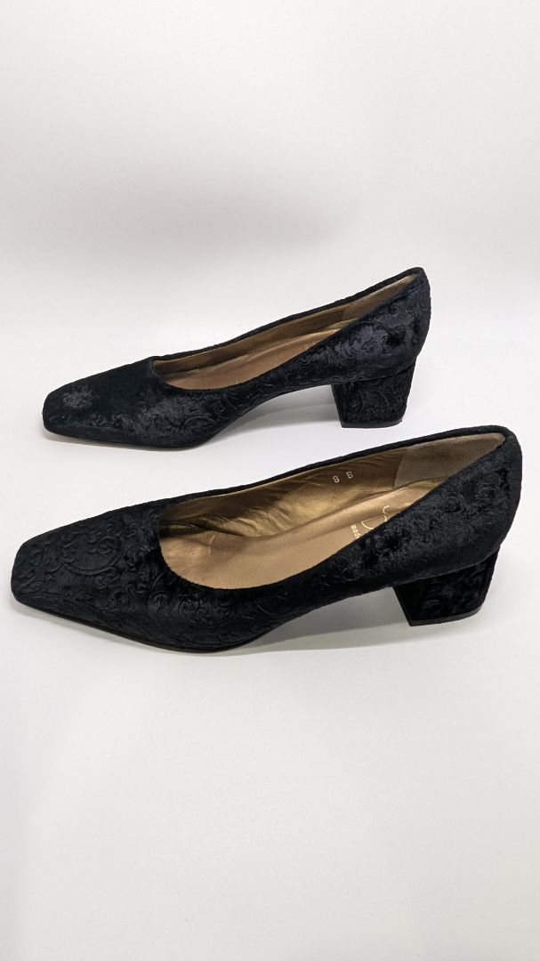Joan & David Black Velvet Square-Toe Low-Block Heel Pumps
