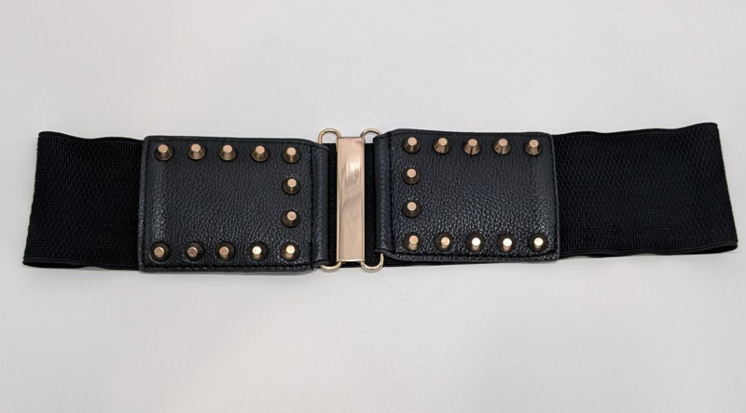Black Elastic Studded Faux-Leather Wide-Waist Belt