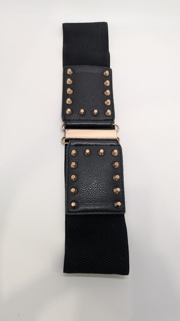 Black Elastic Studded Faux-Leather Wide-Waist Belt