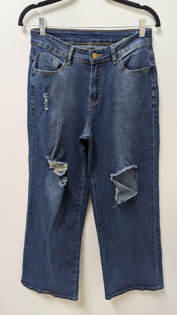 Medium Wash Distressed Wide-Leg Baggy Jeans