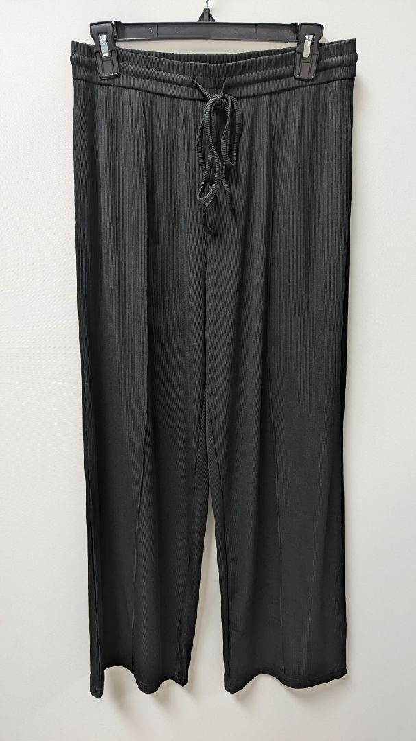 Black Elastic Waist Ribbed Wide-Leg Pants