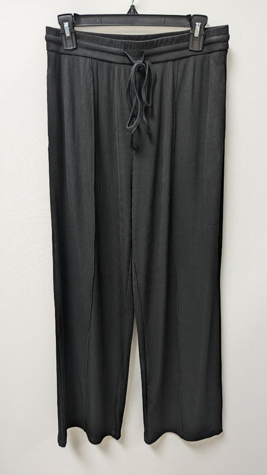 Black Elastic Waist Ribbed Wide-Leg Pants