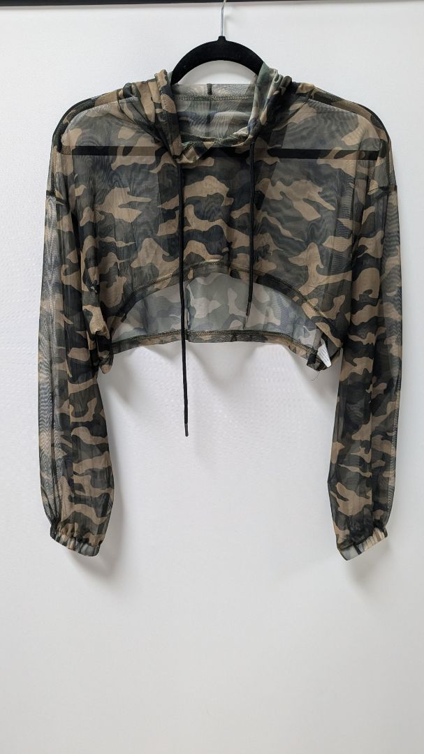 Dark Green Camo Sheer Mesh Cropped Hoodie
