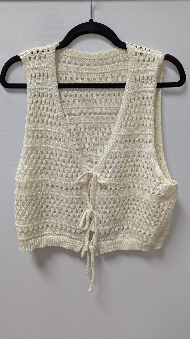 Cream Tie-Front Crochet Cropped Vest