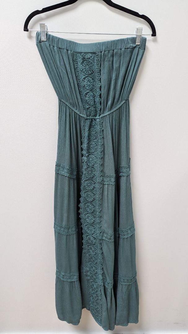 Justify Dark Teal Strapless Tiered Crochet Maxi Dress
