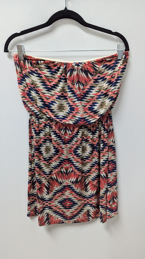 TRIXXI Tan/Navy/Pink Printed Strapless Mini Dress
