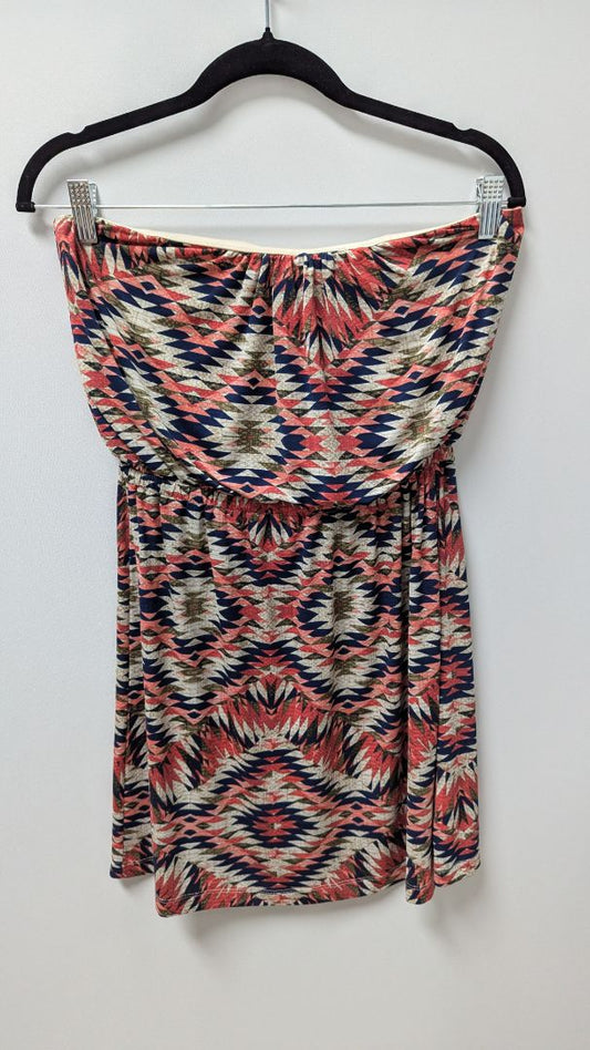 TRIXXI Tan/Navy/Pink Printed Strapless Mini Dress