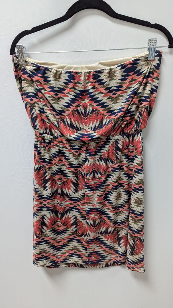 TRIXXI Tan/Navy/Pink Printed Strapless Mini Dress