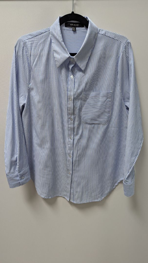 Ava Rose Blue/White Striped Bow-Back Button-Down Blouse