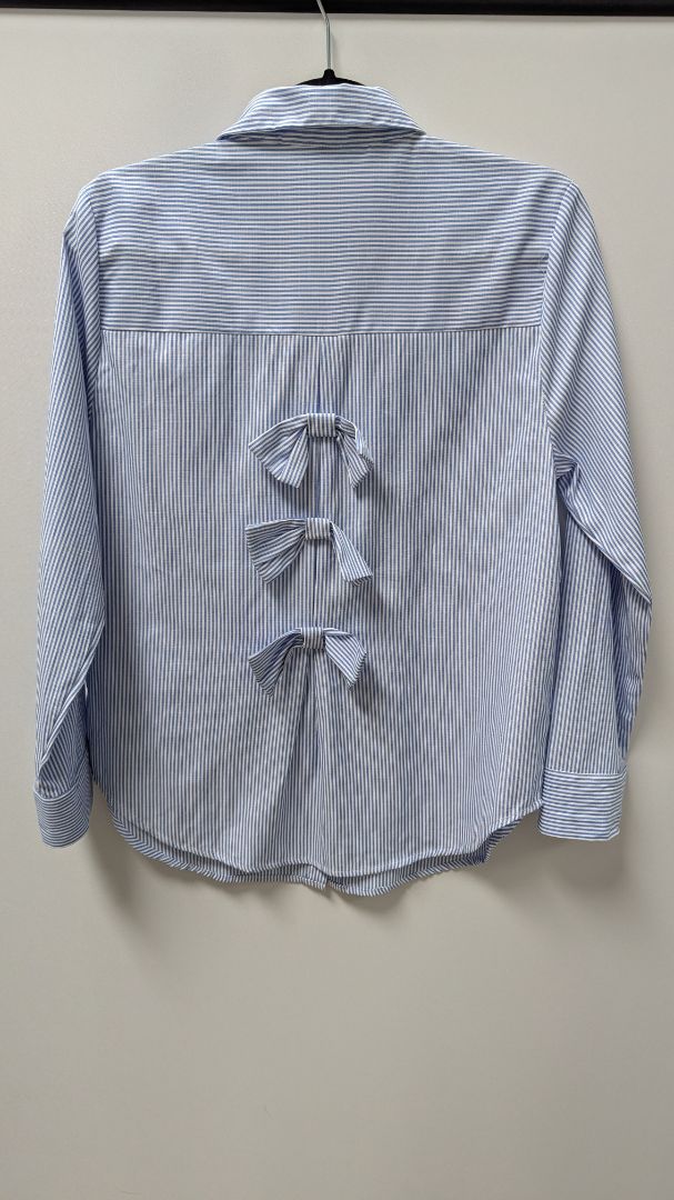 Ava Rose Blue/White Striped Bow-Back Button-Down Blouse