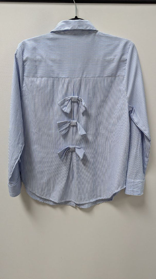 Ava Rose Blue/White Striped Bow-Back Button-Down Blouse