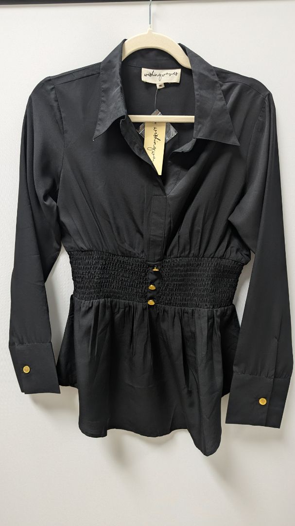 Wishing Waves Black Long-Sleeve Smocked Waist Blouse