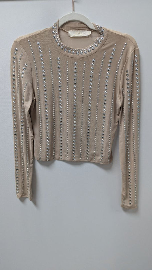 Lizette Collection Taupe/Silver Stud Embellished Mesh Blouse