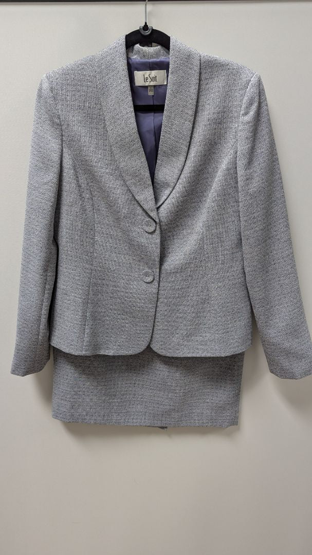 Le Suit Grey Textured Knit Blazer & Skirt Suit Set