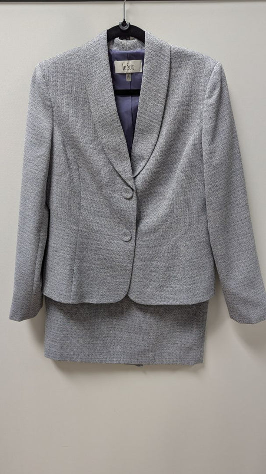 Le Suit Grey Textured Knit Blazer & Skirt Suit Set