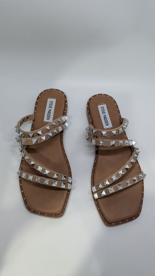 Steve Madden Tan Skyler Silver Studded Sandals