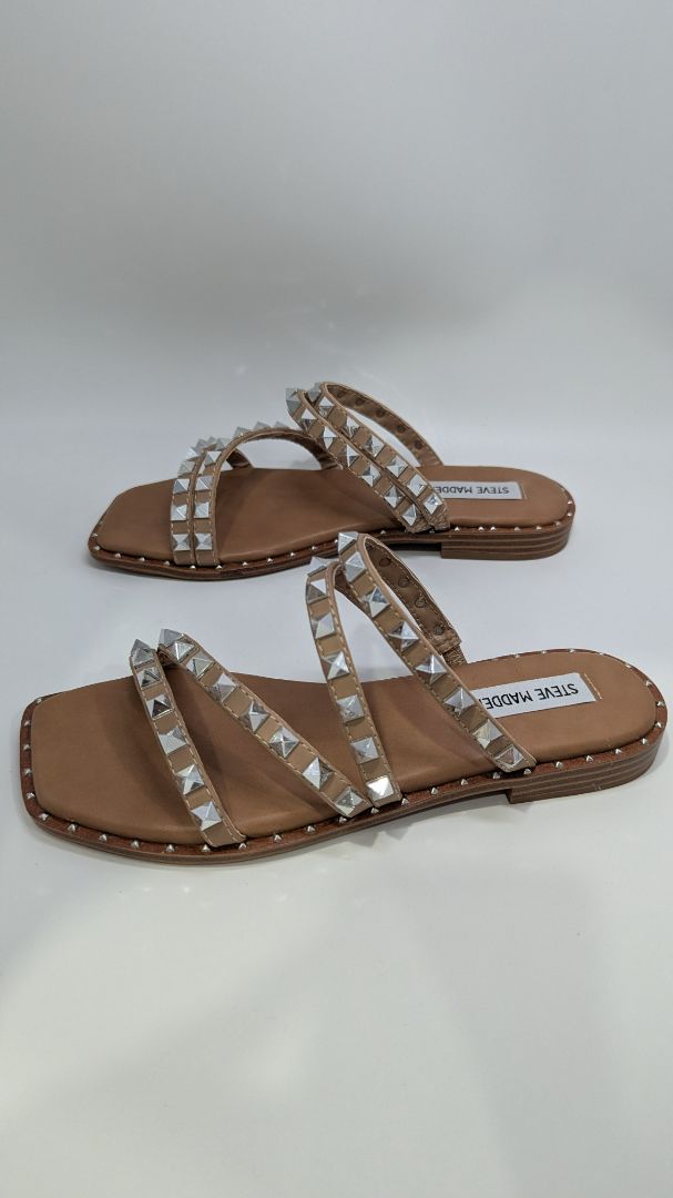 Steve Madden Tan Skyler Silver Studded Sandals