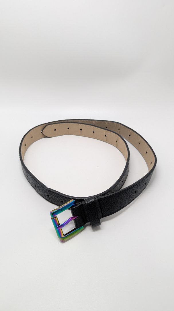 Steve Madden Black/Iridescent Faux-Leather Belt with Buckle