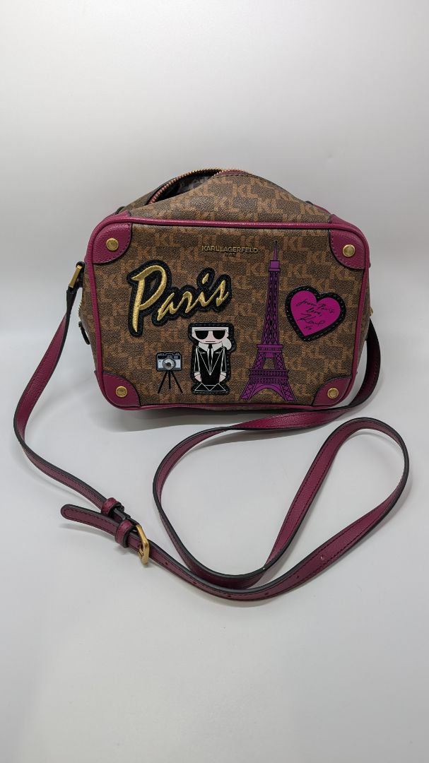 Karl Lagerfeld Paris Brown/Deep Pink Graphic Crossbody Bag