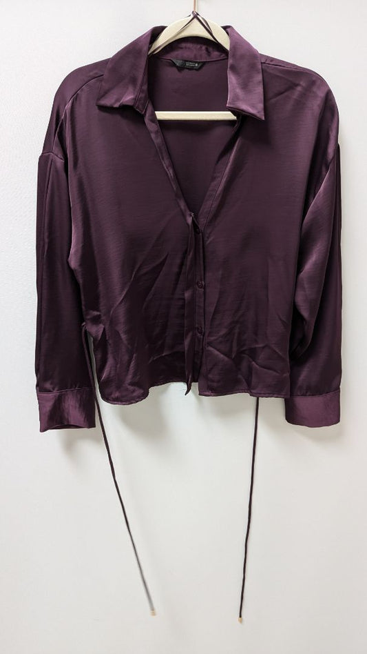 Zara Dark Purple Satin Tie-Waist Button-Down Blouse