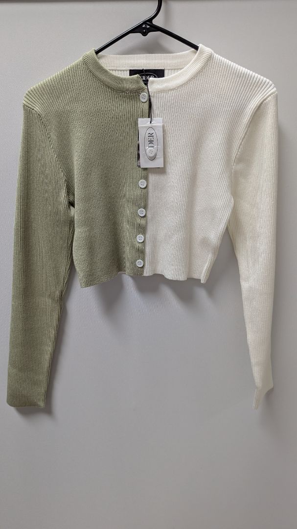Cider Sage/Cream Split Colorblock Cropped Cardigan Sweater