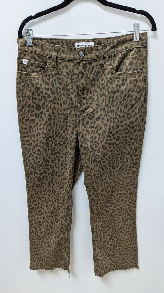 DKNY Jeans Dark Brown Leopard High-Rise Cropped Flare Jeans