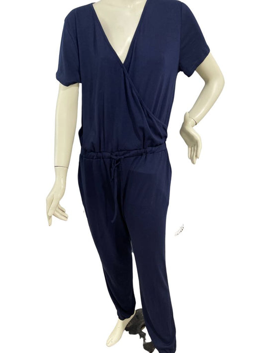 Pretty Garden Navy Blue V Neck Short Sleeve Jumpsuit