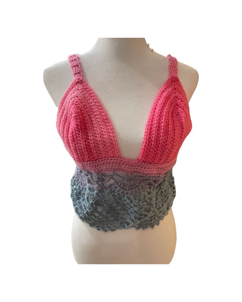 Recycled Threads Handmade Pink, Blue, White Crochet Bralette
