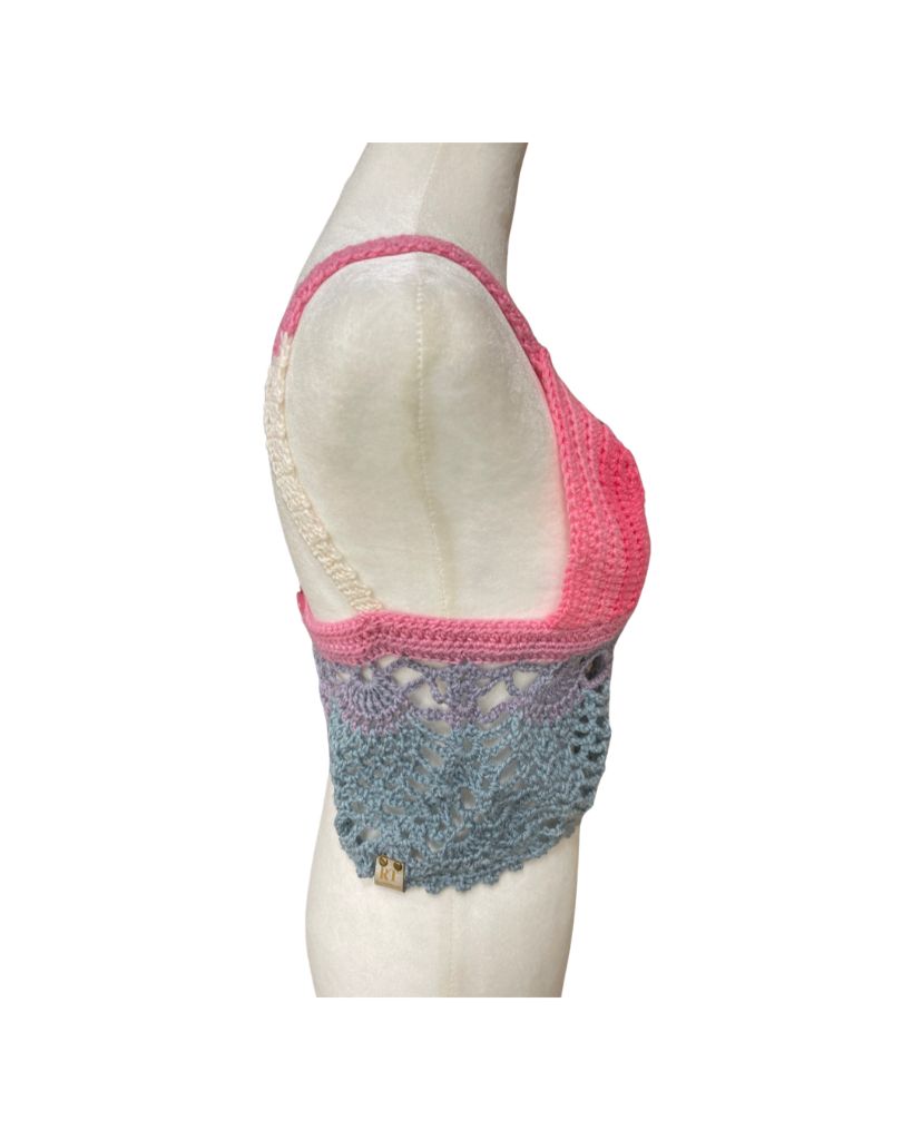 Recycled Threads Handmade Pink, Blue, White Crochet Bralette