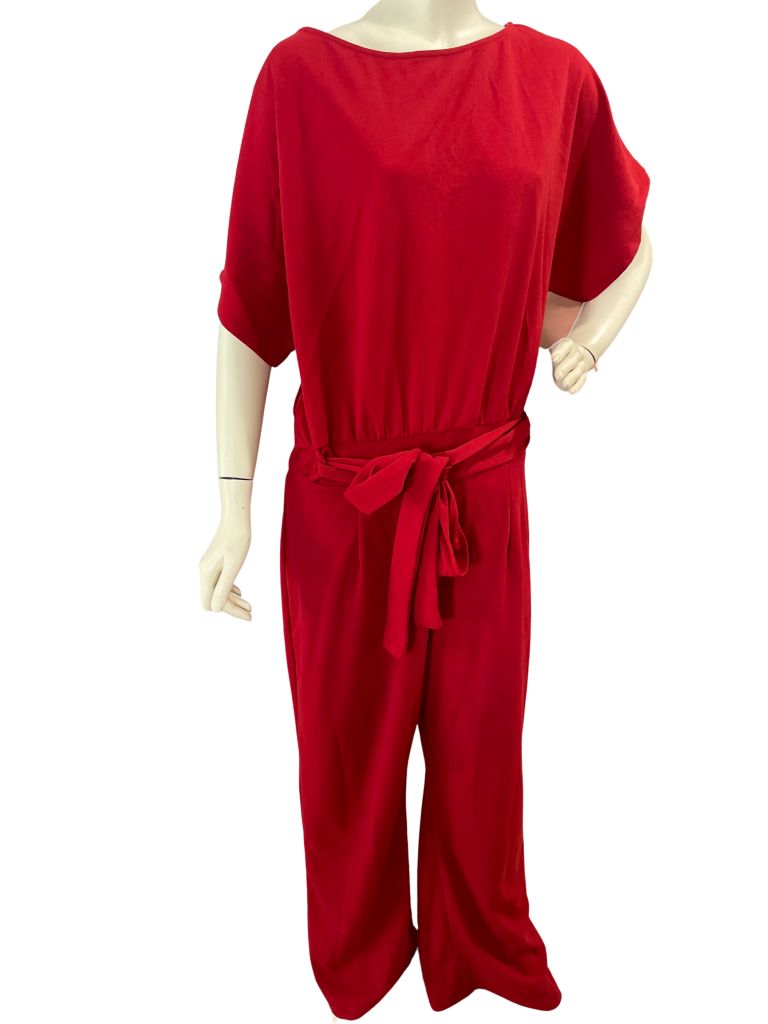 Red Short Sleeve Wide Leg Jumpsuit with Belt