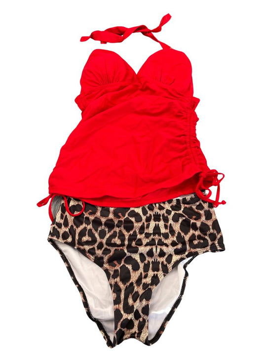 Red Tankini and Leopard Print Bottom Swim Two-Piece
