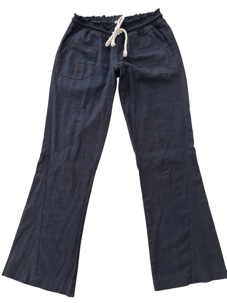 Roxy Oceanside Black Linen Elastic Waist Straight Leg Pants
