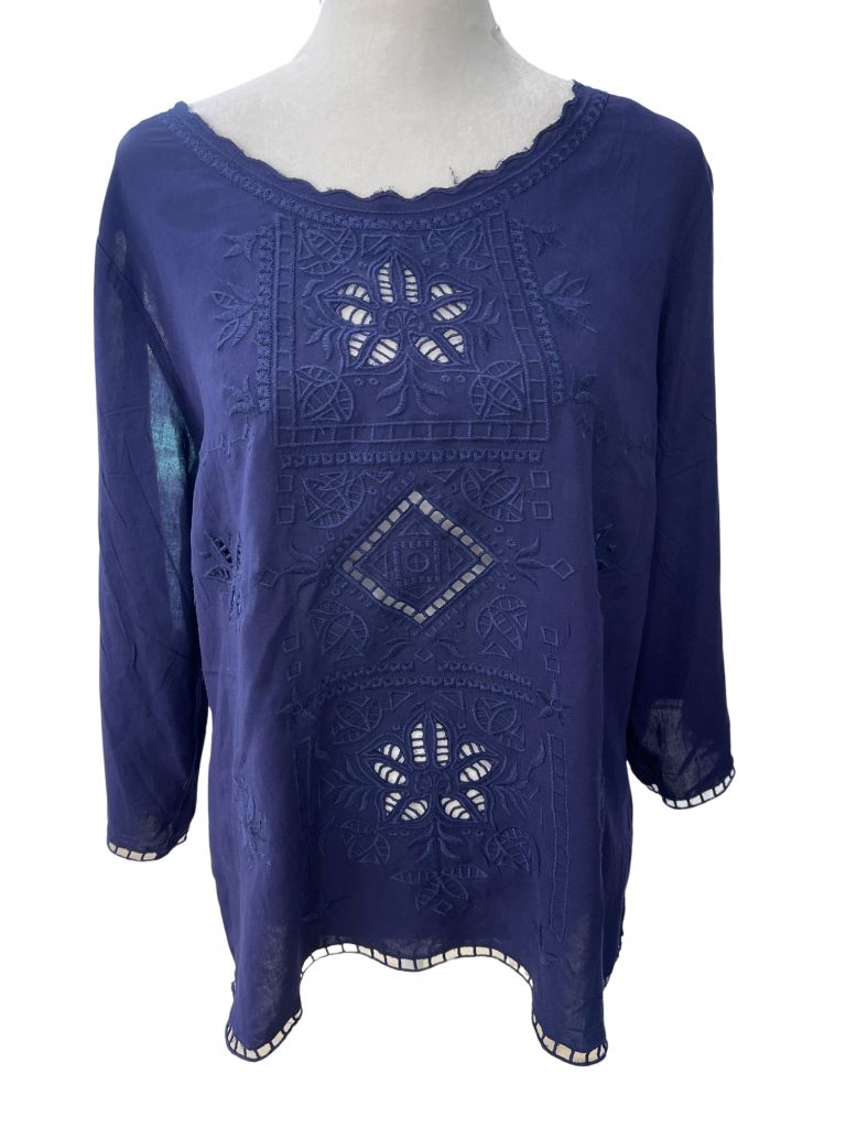 Solitaire Blue Peasant Top with 3/4 Sleeves